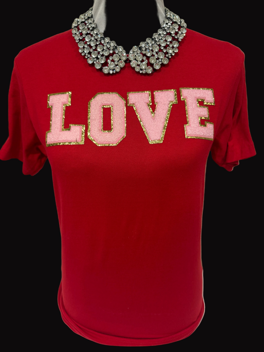 Chenille Pink/Gold "Love" on Red Crew