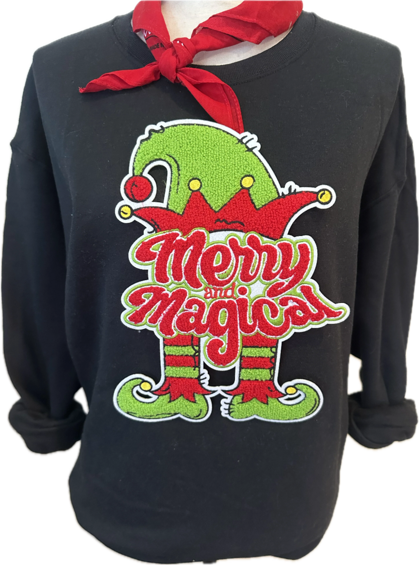Chenille Merry and Magical on Red Crew OR (White or Black) Sweatshirt