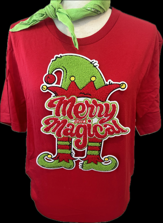 Chenille Merry and Magical on Red Crew OR (White or Black) Sweatshirt