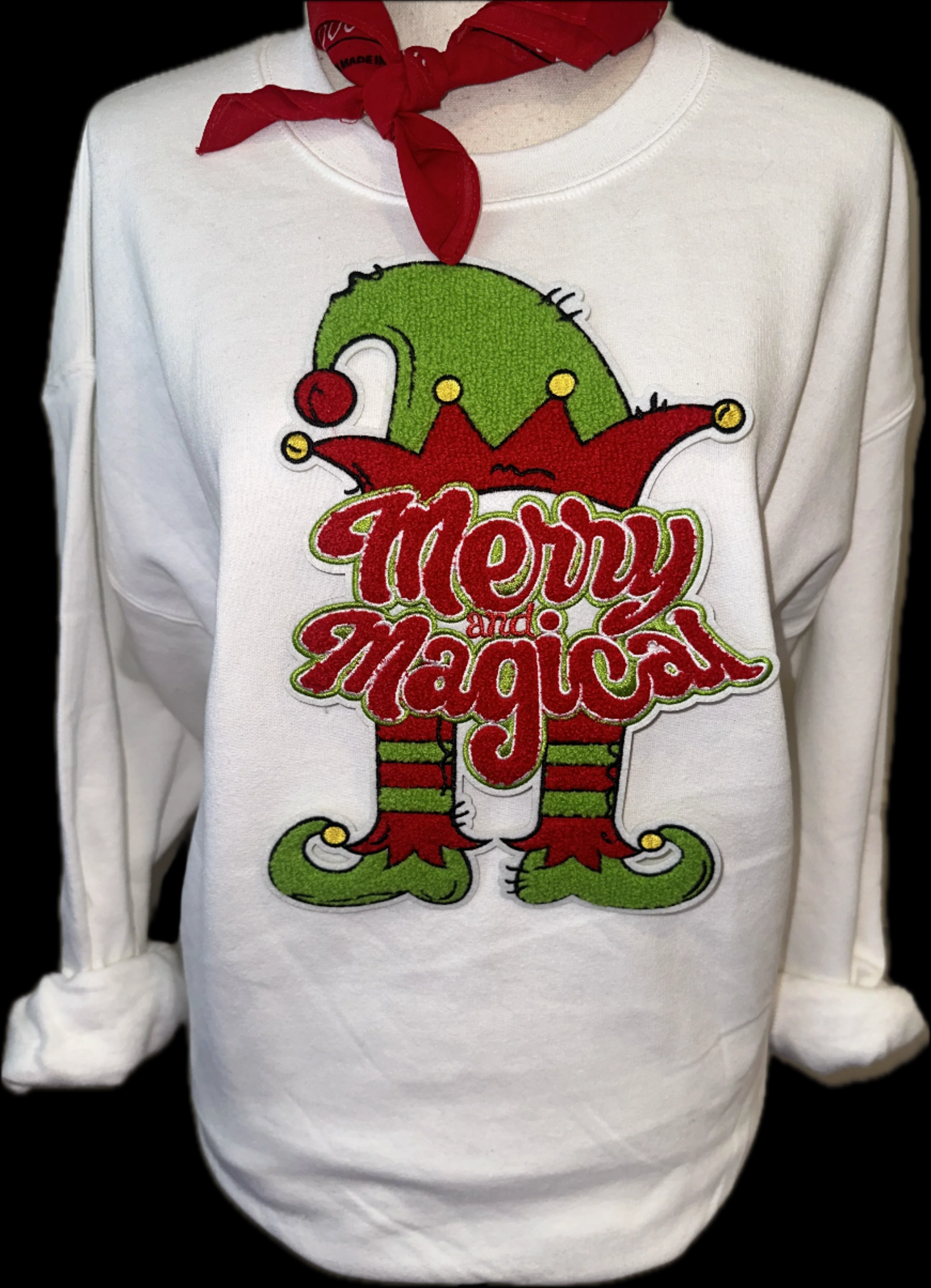 Chenille Merry and Magical on Red Crew OR (White or Black) Sweatshirt