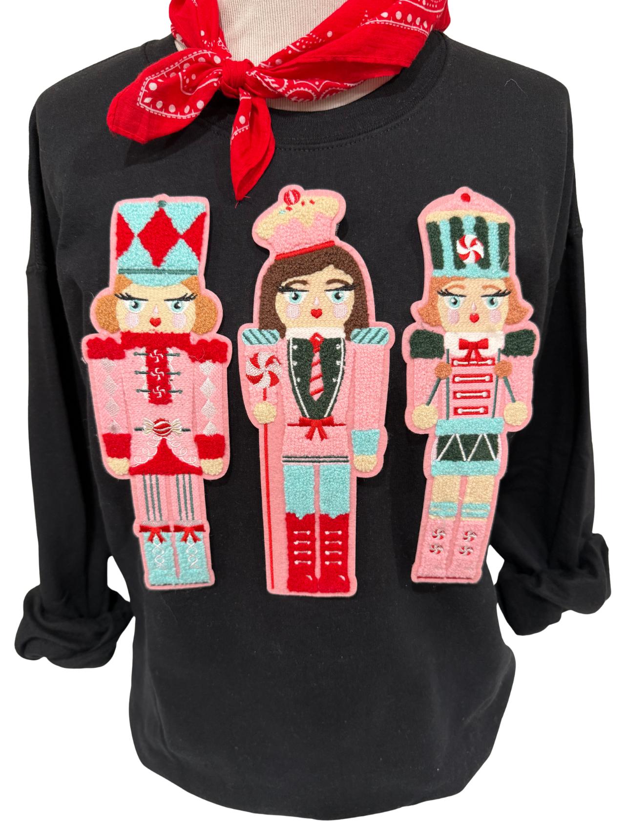 Chenille Nutcrackers Patch on (Red, Kelly Green, Heliconia OR Black) Sweatshirt