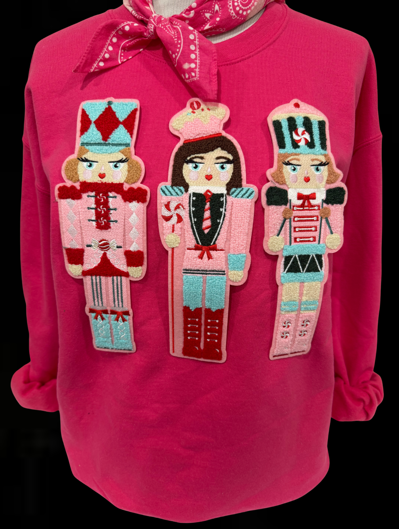 Chenille Nutcrackers Patch on (Red, Kelly Green, Heliconia OR Black) Sweatshirt