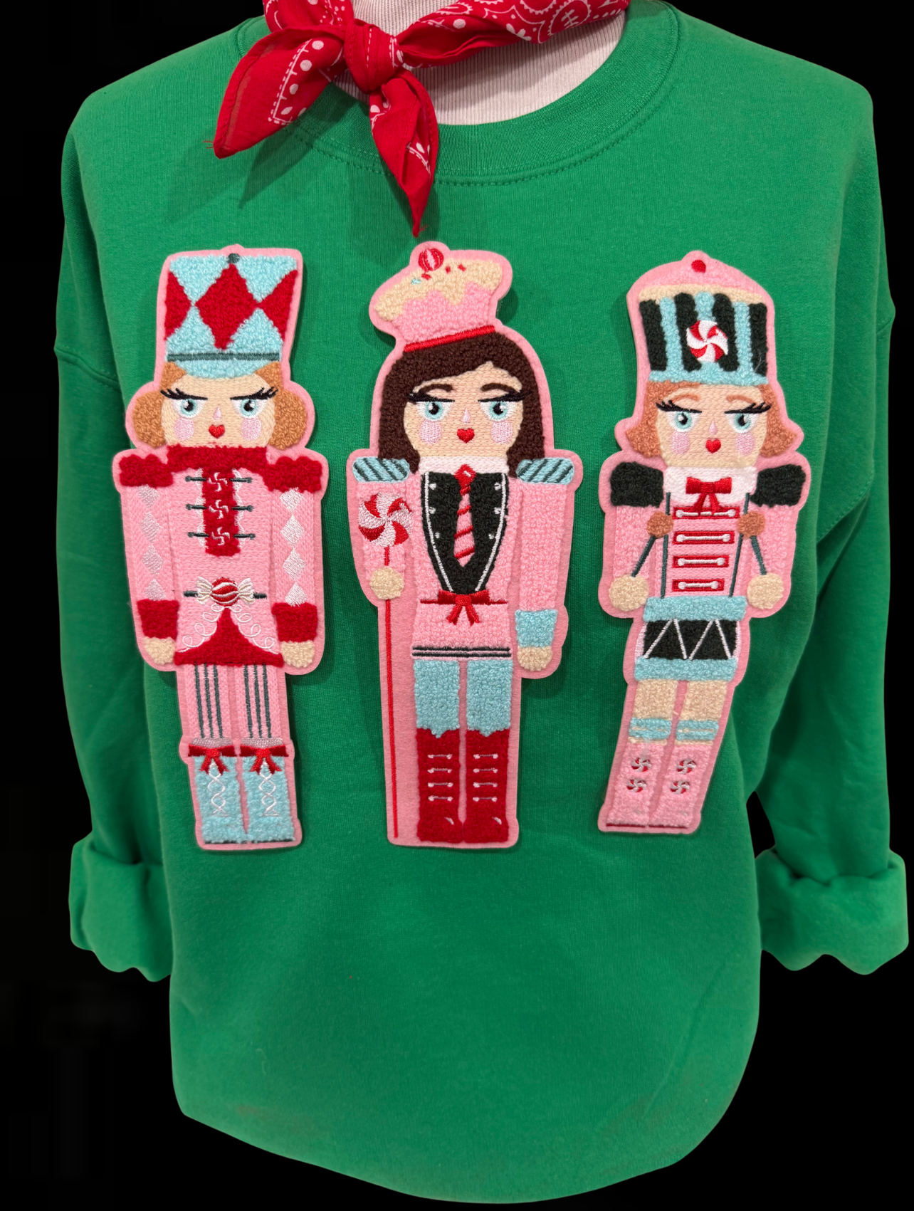 Chenille Nutcrackers Patch on (Red, Kelly Green, Heliconia OR Black) Sweatshirt