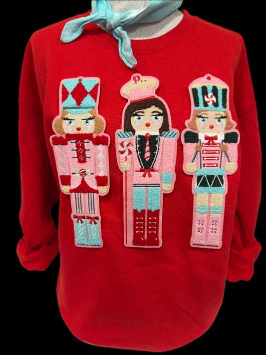 Chenille Nutcrackers Patch on (Red, Kelly Green, Heliconia OR Black) Sweatshirt