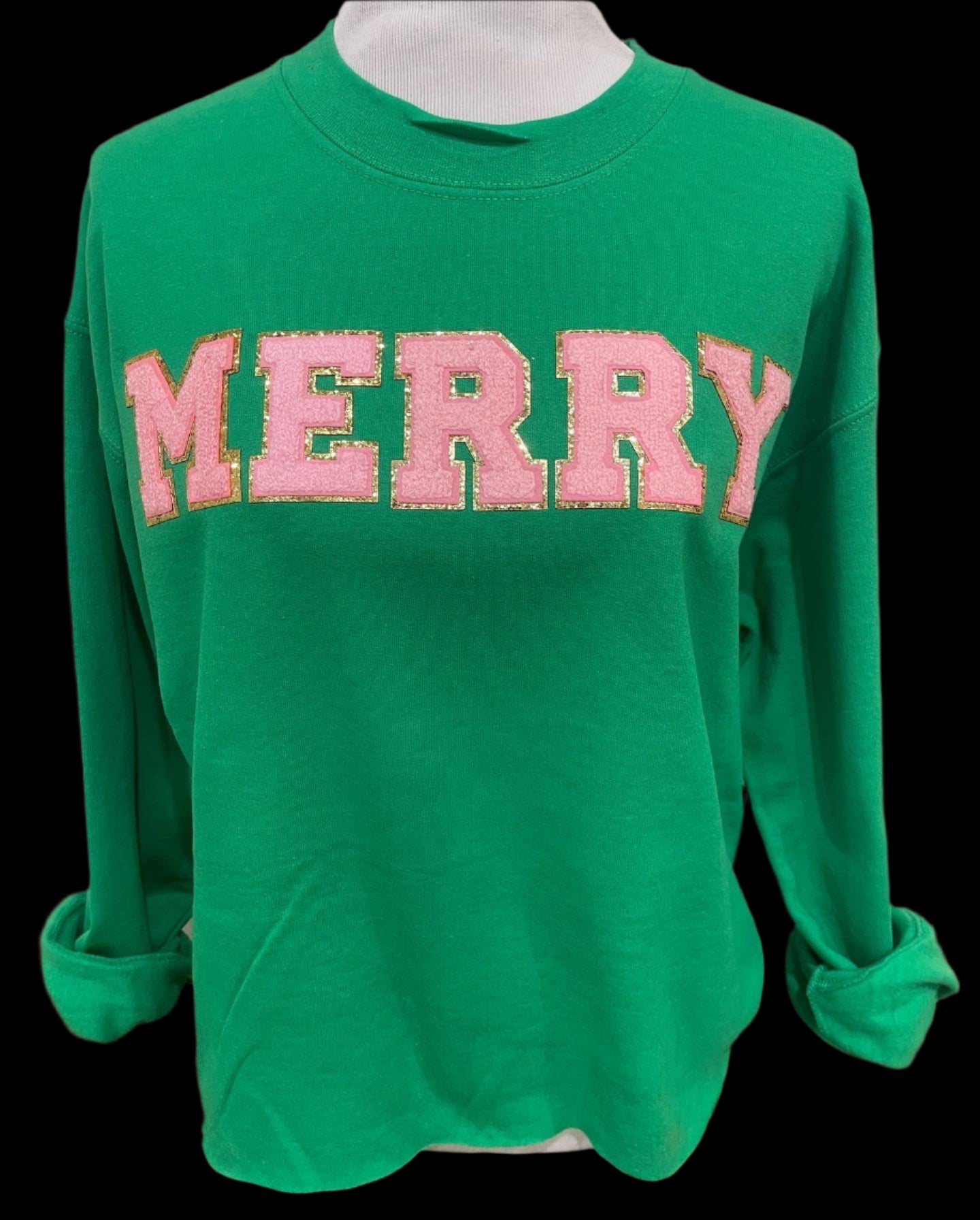 Chenille Pink/Gold Merry on (Kelly Green or Red) Sweatshirt