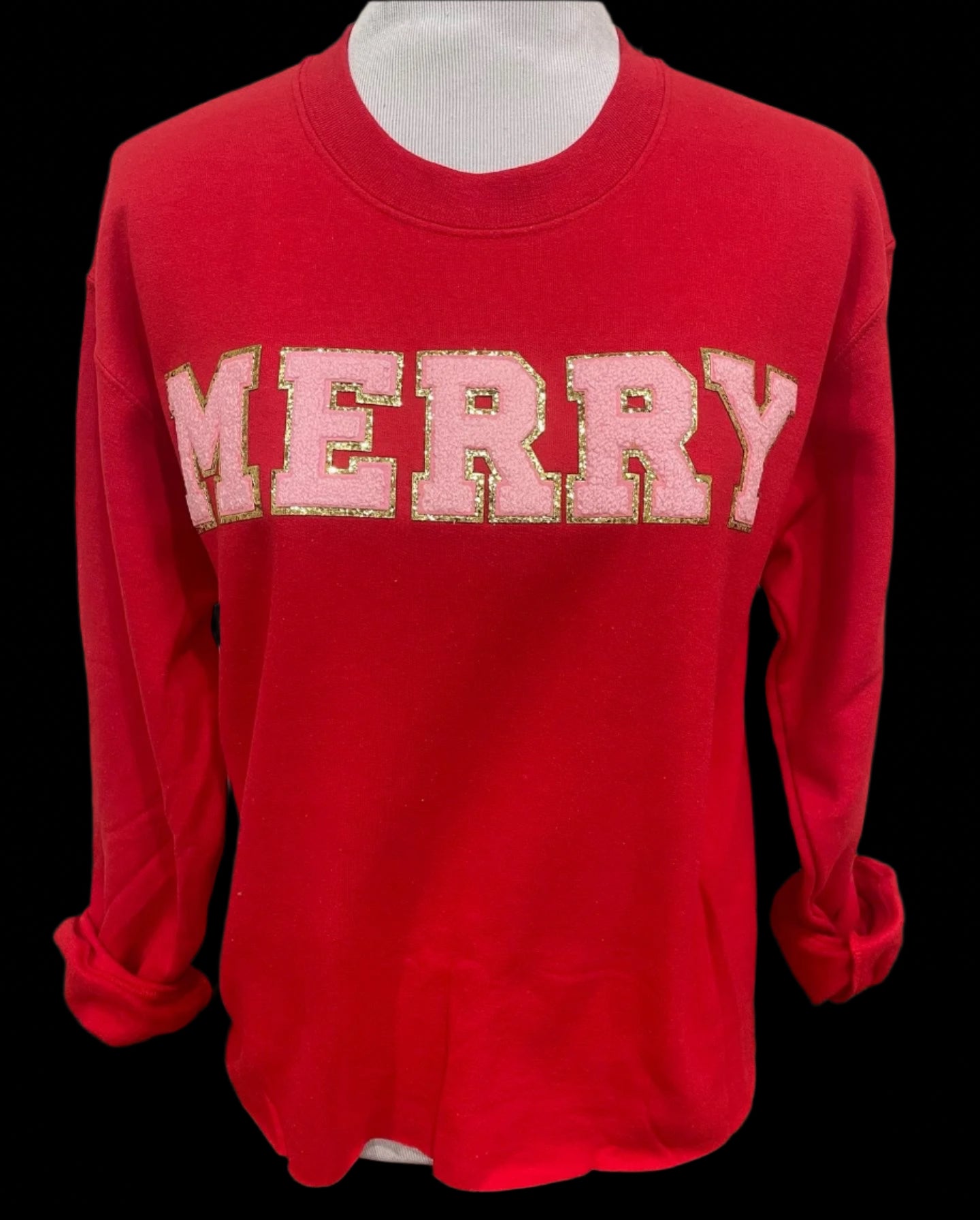 Chenille Pink/Gold Merry on (Kelly Green or Red) Sweatshirt