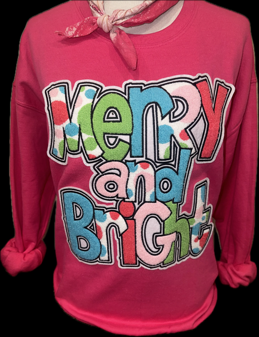 Chenille Polka Dot Merry and Bright Patch on Heliconia Sweatshirt