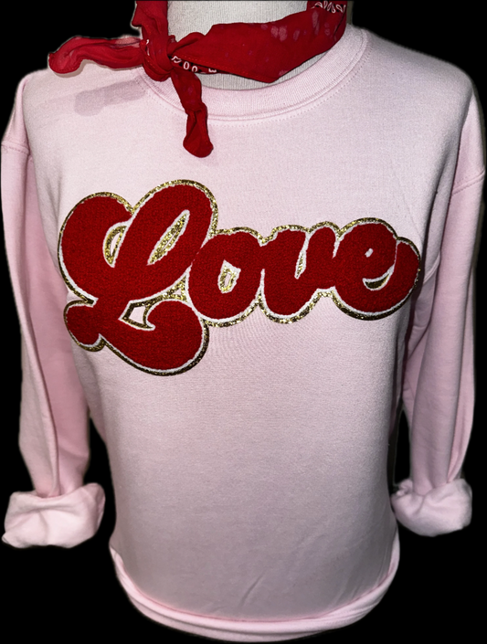 Chenille Red Script Love on Light Pink Sweatshirt