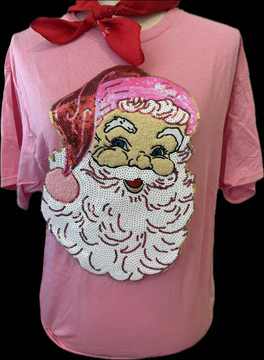 Chenille/Sequin Santa Face Patch on Crew, Long Sleeve OR Sweatshirt
