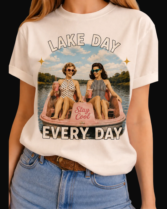 Lake Day on White Crew Tee