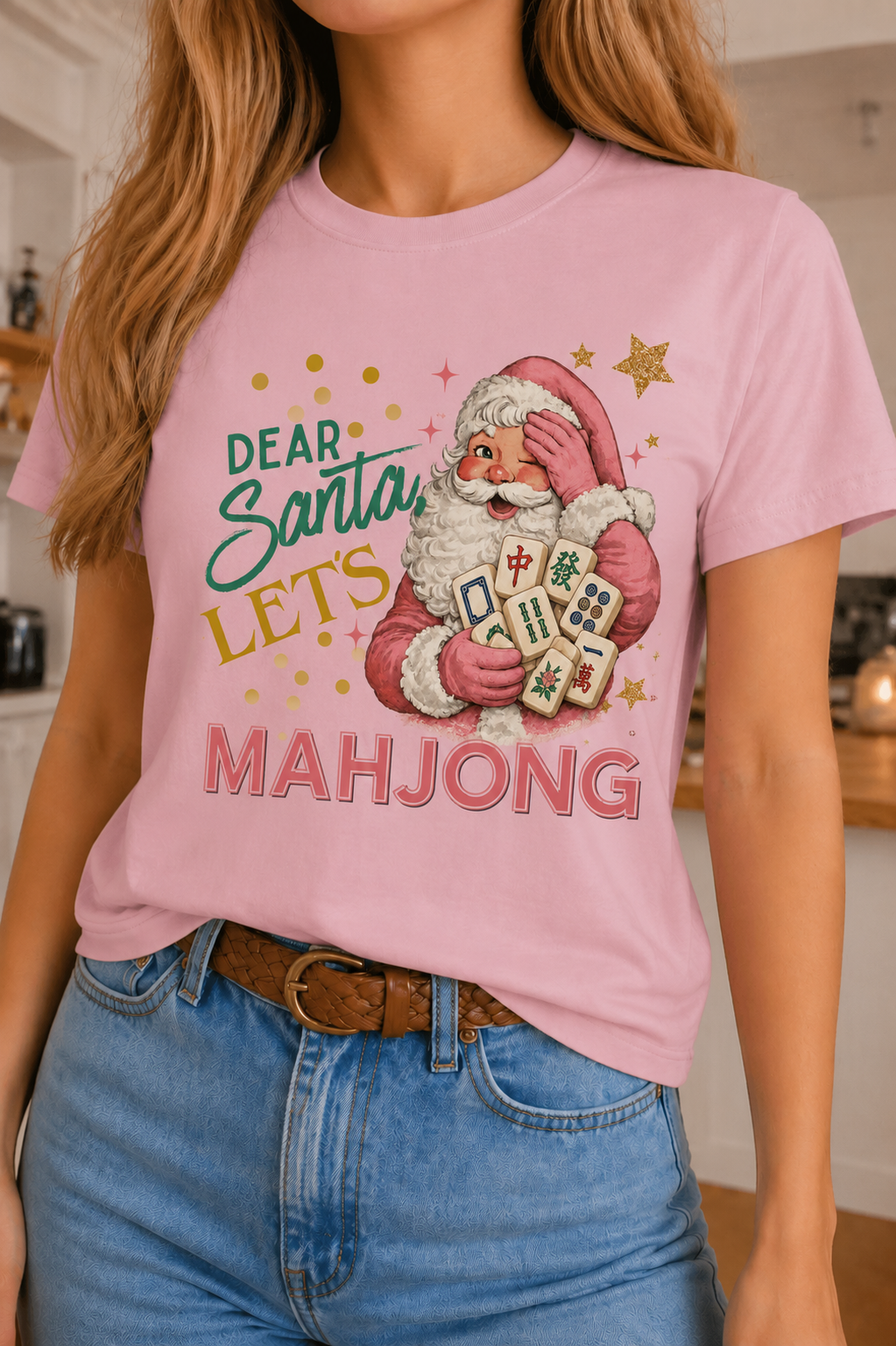 Dear Santa Mahjong on Pink Crew and White Sweatshirt
