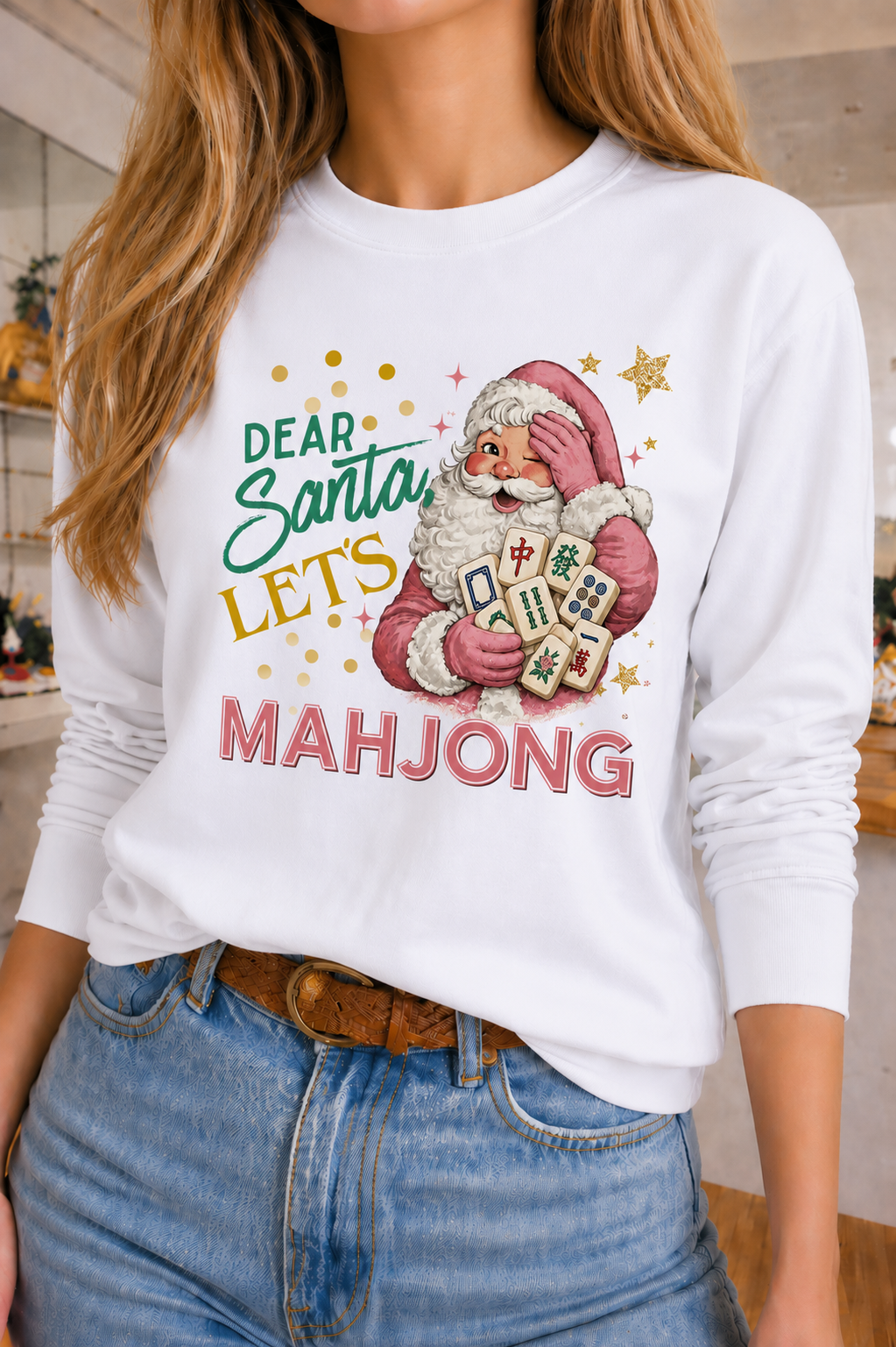 Dear Santa Mahjong on Pink Crew and White Sweatshirt