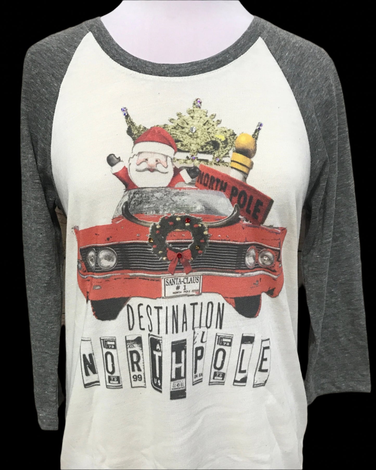 Destination Northpole Red Car on White/Charcoal Ringer