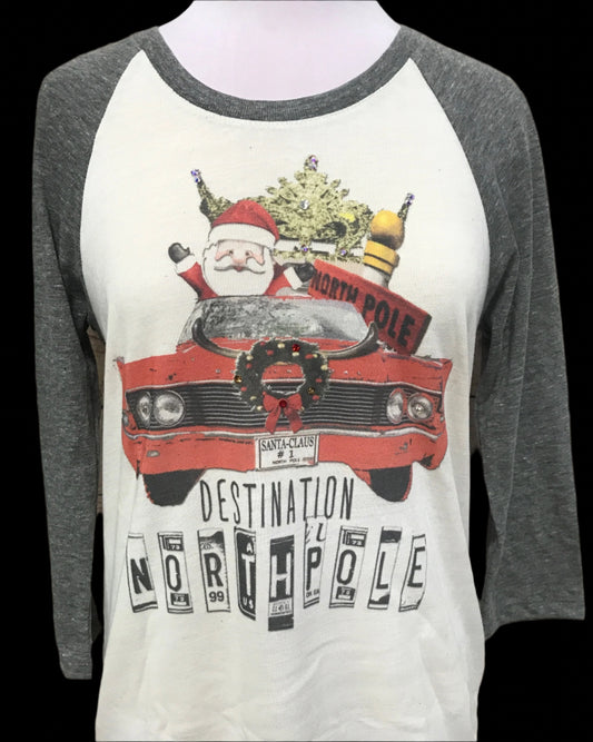 Destination Northpole Red Car on White/Charcoal Ringer