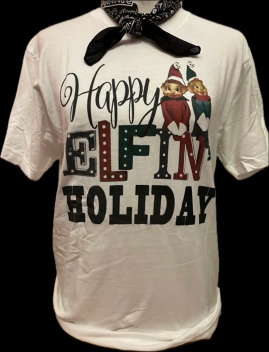Happy Elfin' Holidays on Natural Crew OR Red/Black Buffalo Flannel