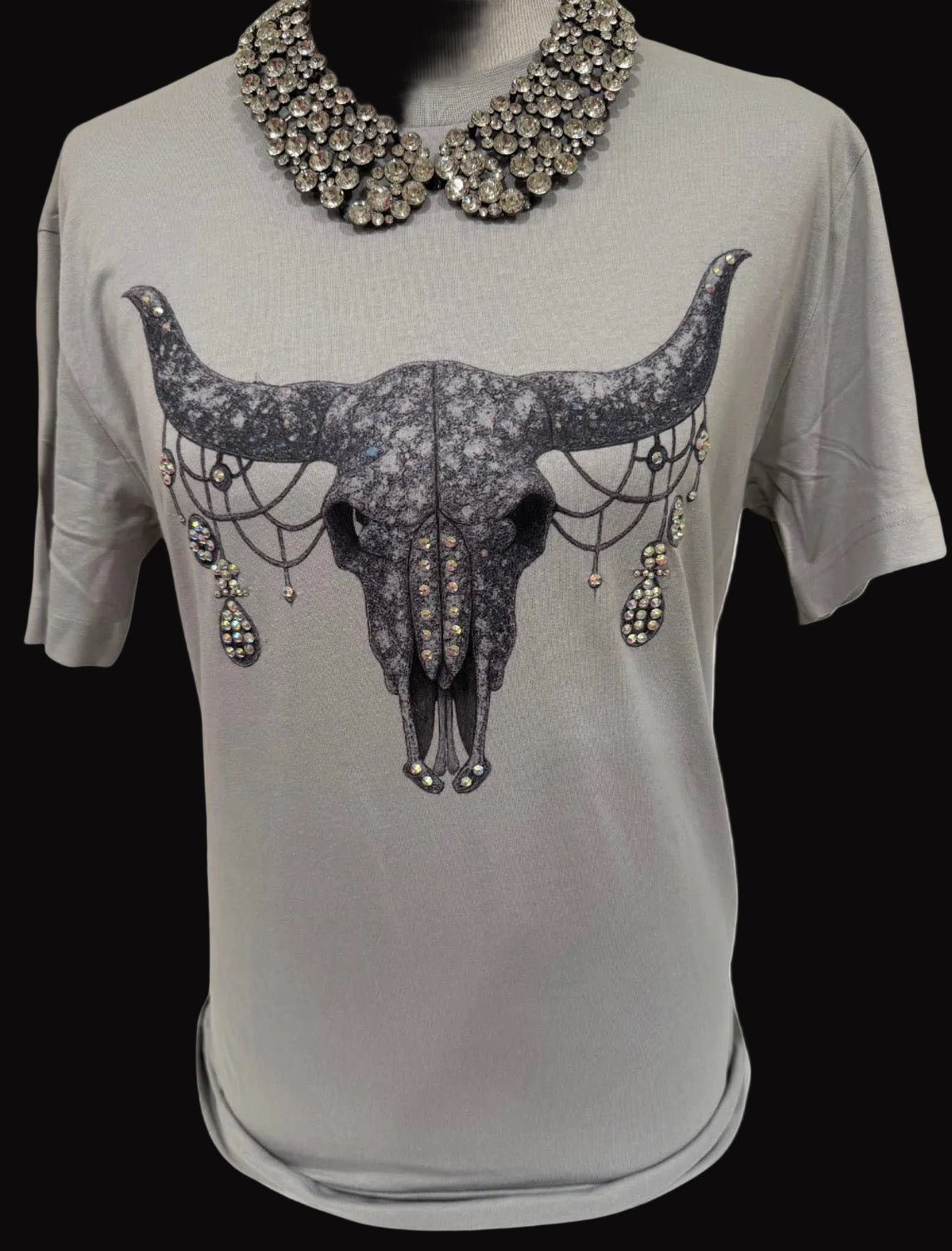 Rhinestone Skull on Silver Crew