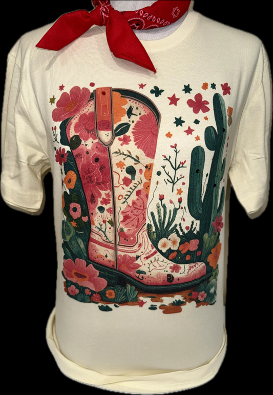 Floral and Cactus Boot on Natural Crew