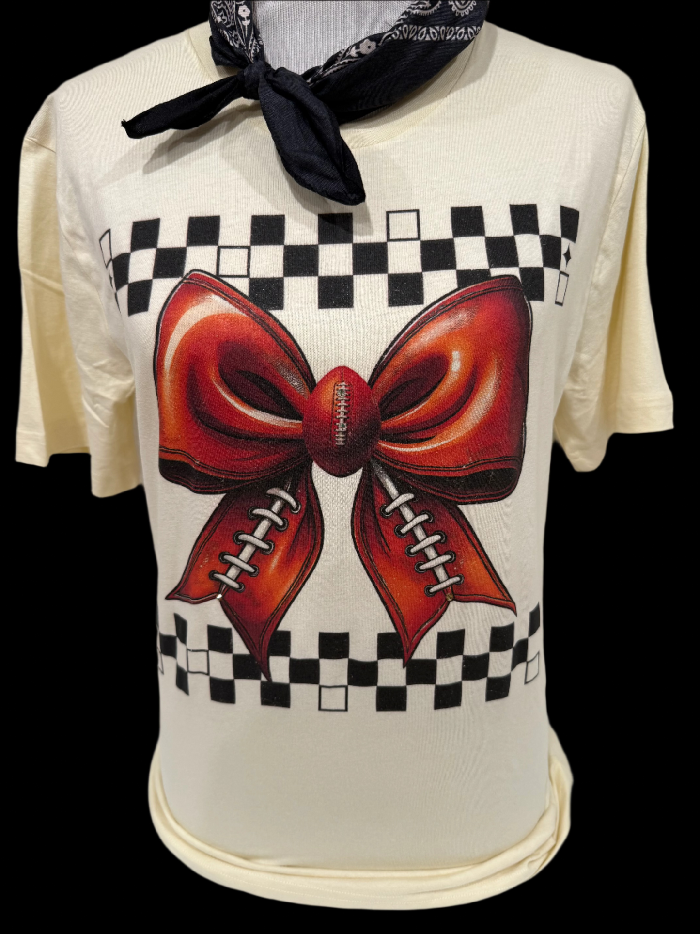 Football Bow Checkered Border on (White or Natural or Patch Black) Crew