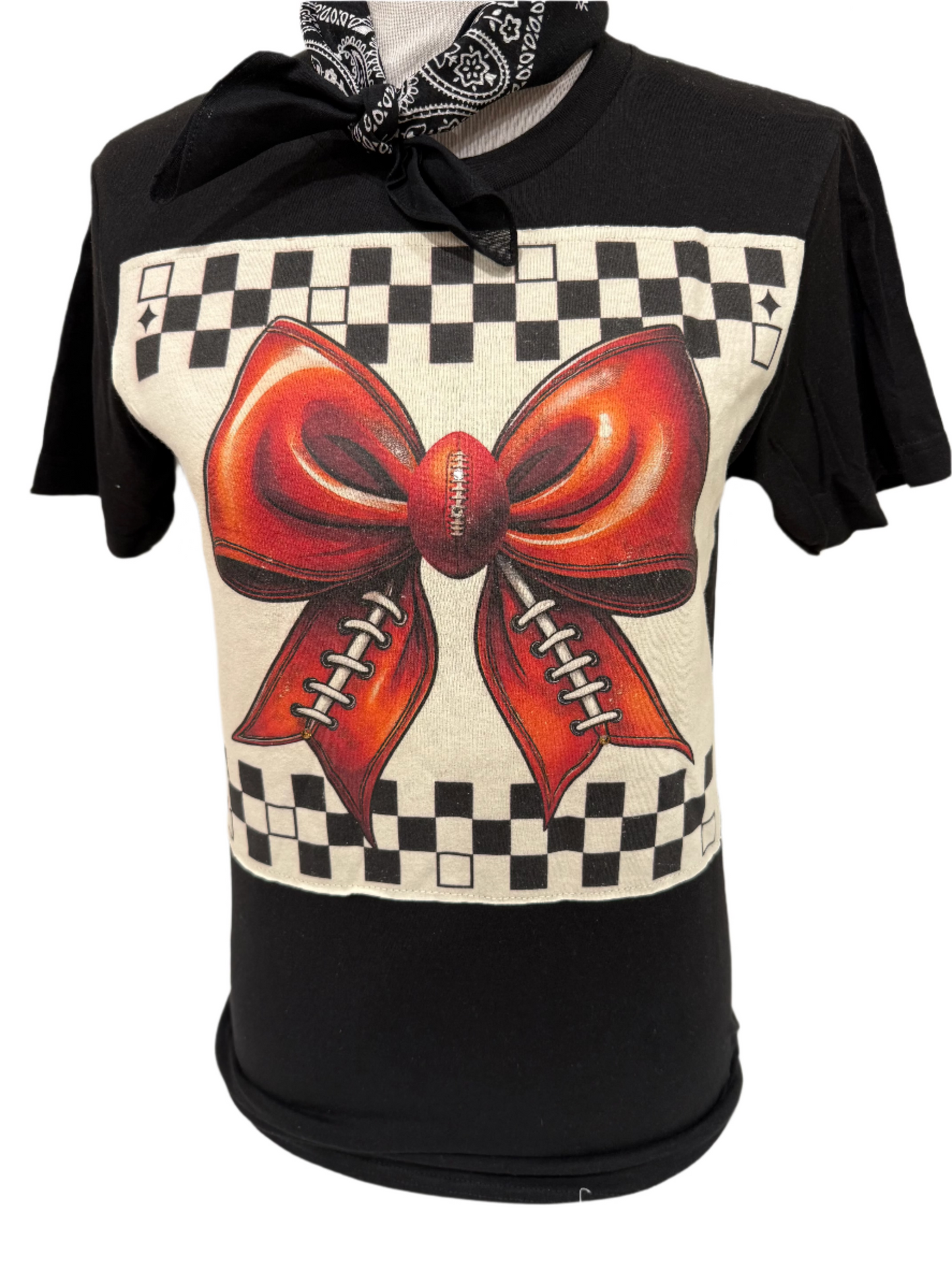 Football Bow Checkered Border on (White or Natural or Patch Black) Crew