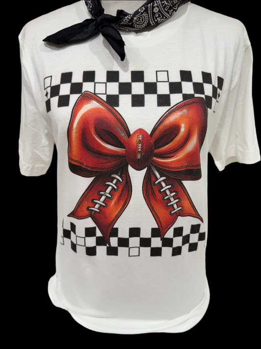 Football Bow Checkered Border on (White or Natural or Patch Black) Crew