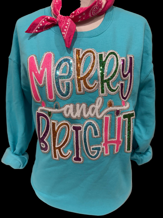 Sequin Glitter Neon Merry and Bright Patch on (Kelly Green, Heliconia, Scuba Blue OR Black) Sweatshirt