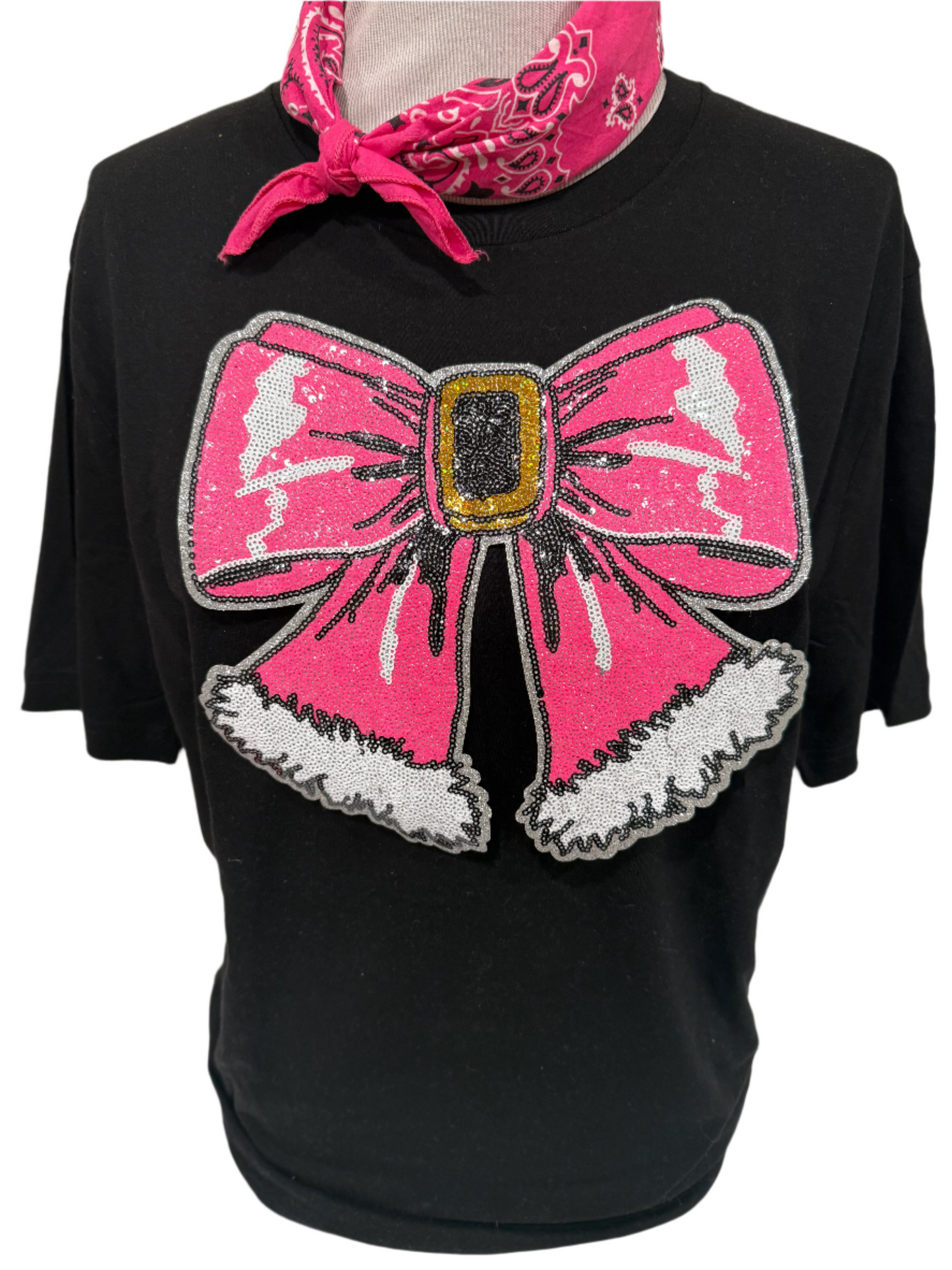 Sequin Glitter Pink Christmas Bow Patch on Black Crew OR (Kelly Green, Red, Heliconia OR Black) Sweatshirt