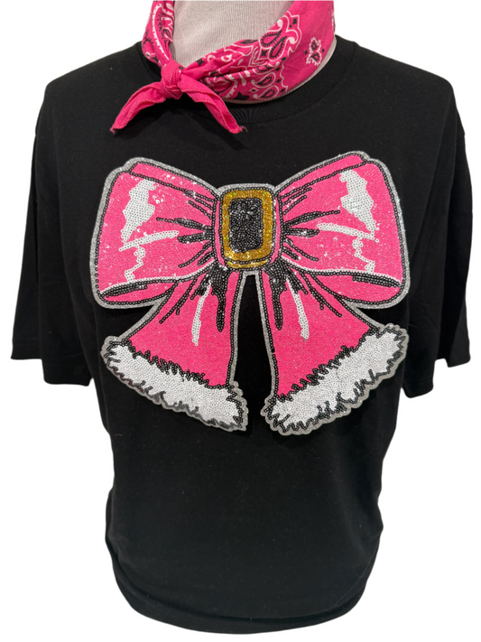 Sequin Glitter Pink Christmas Bow Patch on Black Crew OR (Kelly Green, Red, Heliconia OR Black) Sweatshirt
