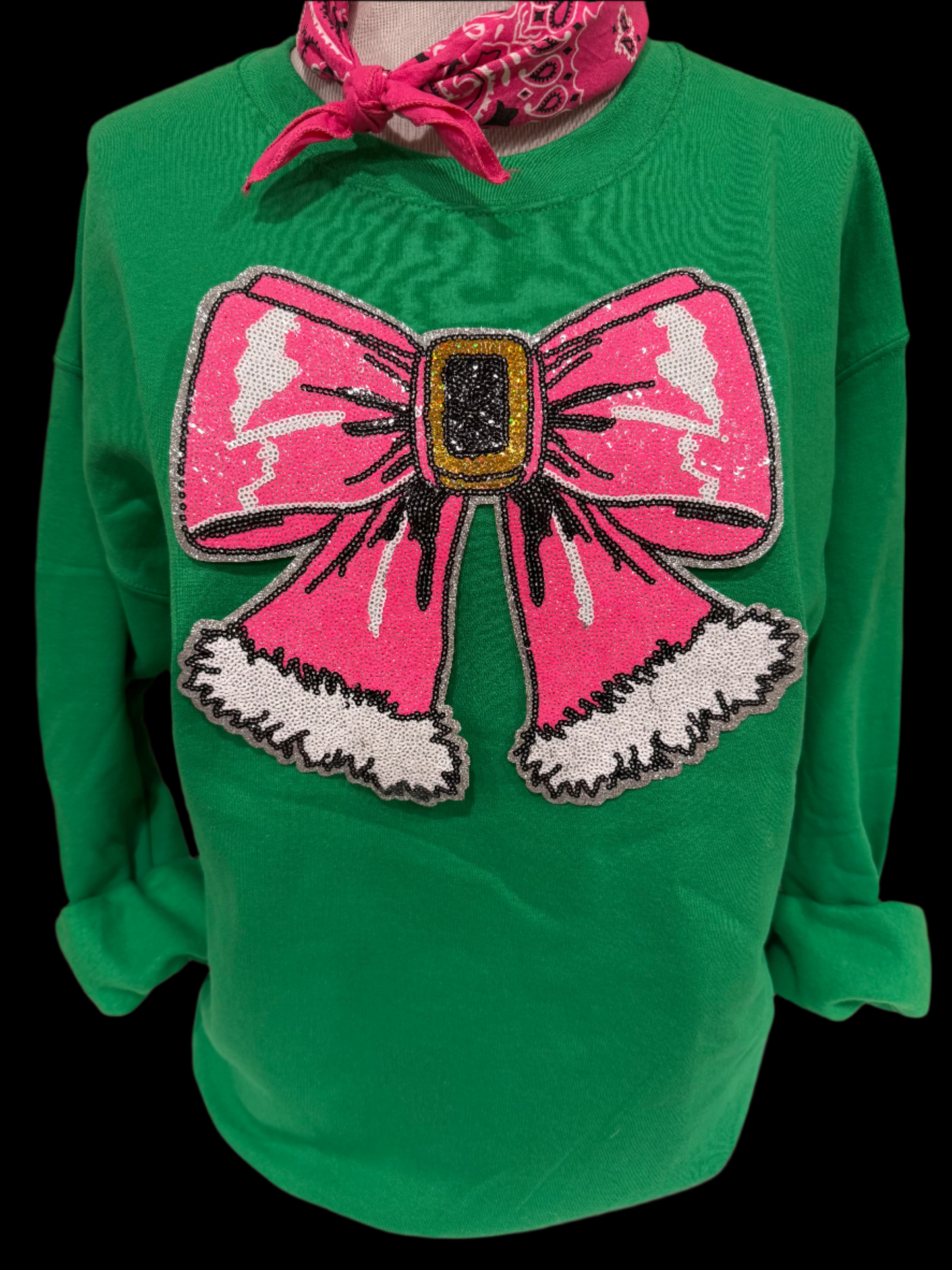 Sequin Glitter Pink Christmas Bow Patch on Black Crew OR (Kelly Green, Red, Heliconia OR Black) Sweatshirt