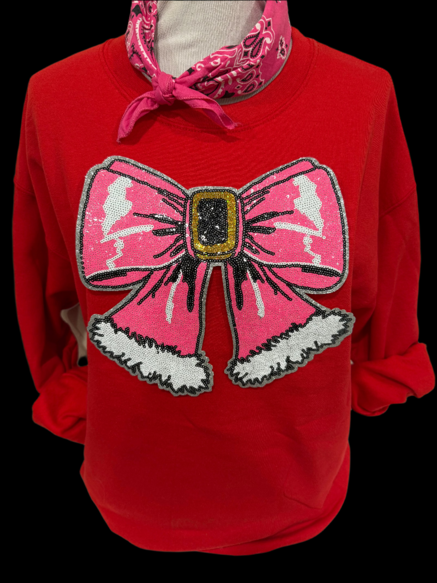 Sequin Glitter Pink Christmas Bow Patch on Black Crew OR (Kelly Green, Red, Heliconia OR Black) Sweatshirt