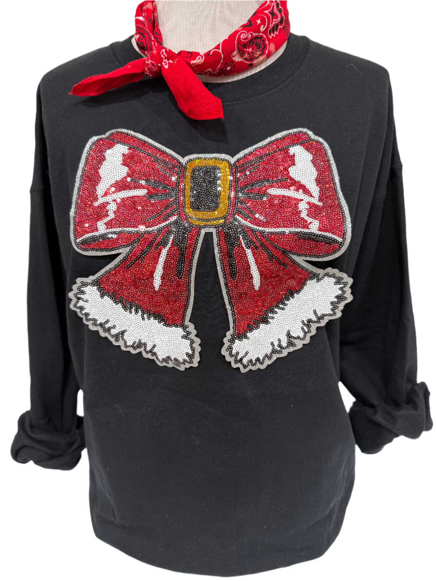 Sequin Glitter Red Christmas Bow Patch on (Red, Kelly Green OR Black) Sweatshirt OR White Long Sleeve