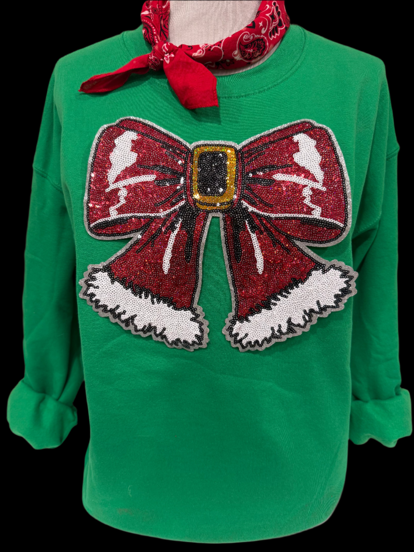 Sequin Glitter Red Christmas Bow Patch on (Red, Kelly Green OR Black) Sweatshirt OR White Long Sleeve