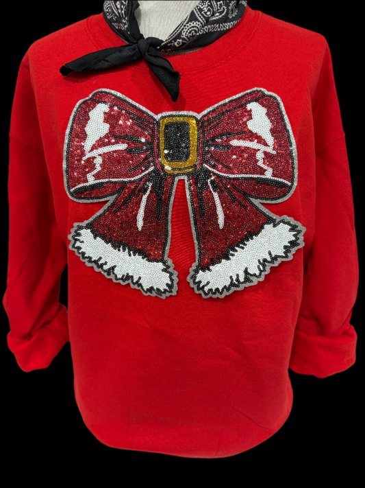 Sequin Glitter Red Christmas Bow Patch on (Red, Kelly Green OR Black) Sweatshirt OR White Long Sleeve