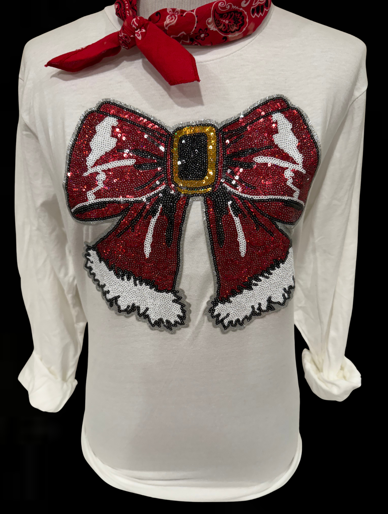 Sequin Glitter Red Christmas Bow Patch on (Red, Kelly Green OR Black) Sweatshirt OR White Long Sleeve