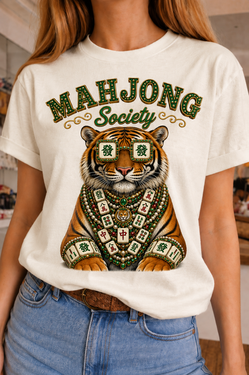 Tiger Mahjong Society on White & Pink Crew