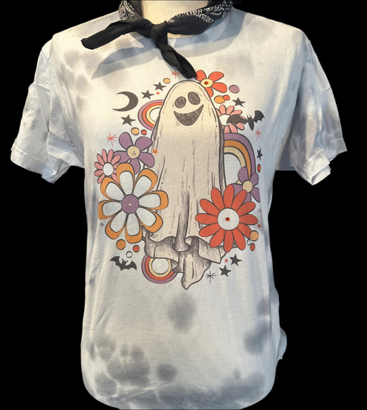 Groovy Flower Ghost on Tie-dyed White/Grey Crew