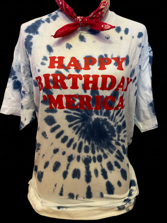 Happy Birthday America on White Tie-dye Crew