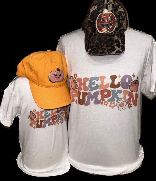 Hello Pumpkin (Mama or Mini) on White (Adult or Youth) Crew