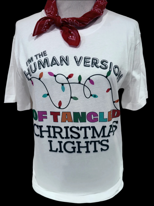 Human Version of Tangled Christmas Lights on White Crew