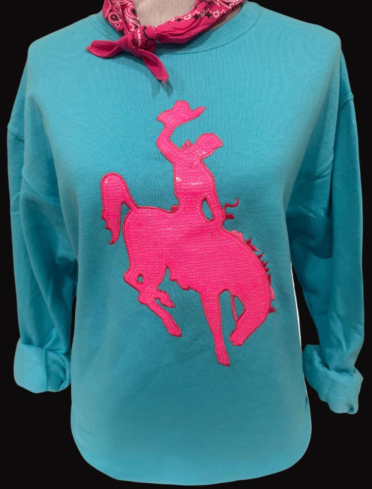 Pink Sequin Bronc Patch on Crew or Sweatshirt