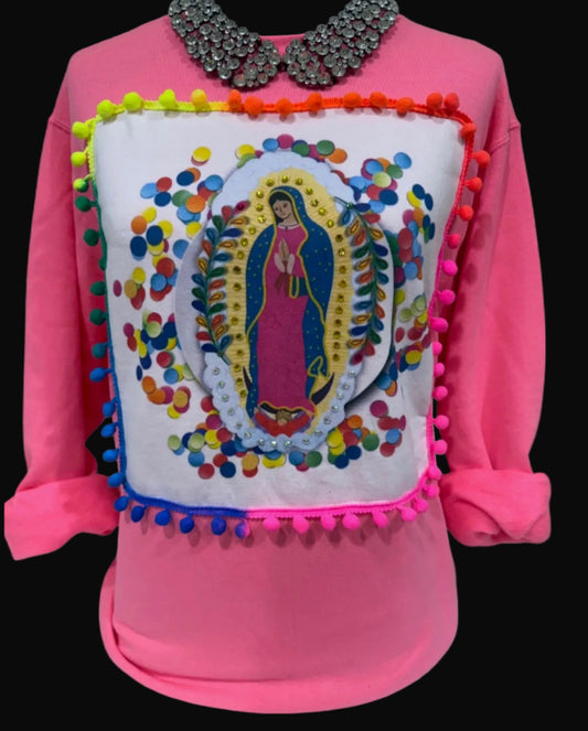 Extra Blingy Pom Pom Virgin Mary Patch on Safety Pink Sweatshirt