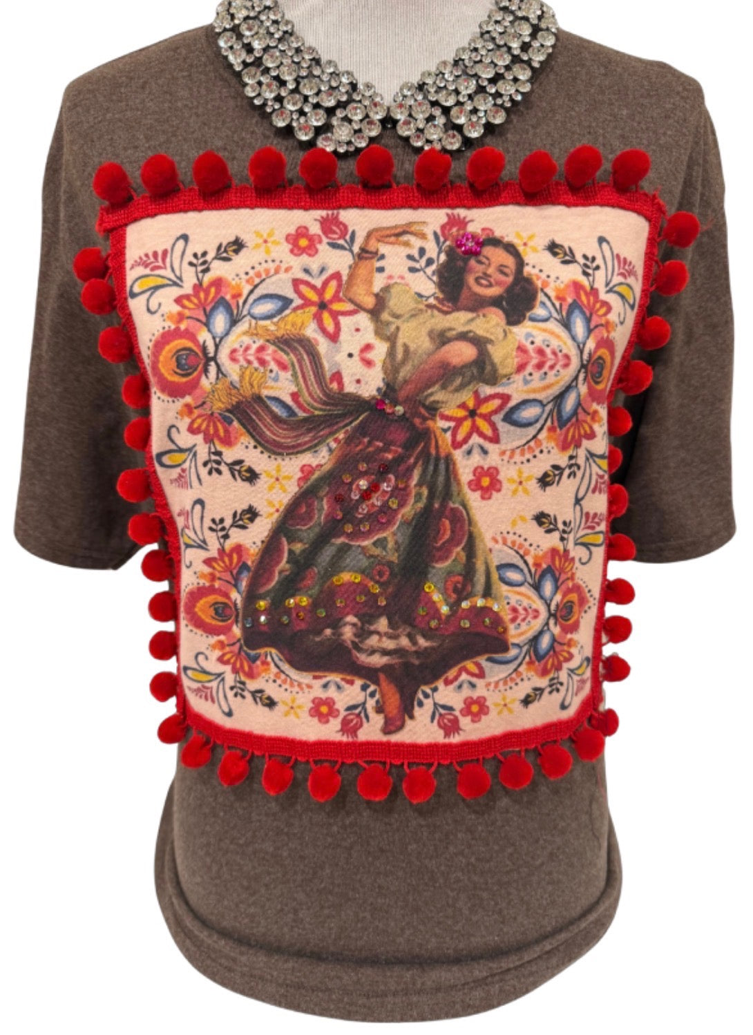 Extra Blingy Pom Pom Fiesta Dancer Patch on Brown Crew