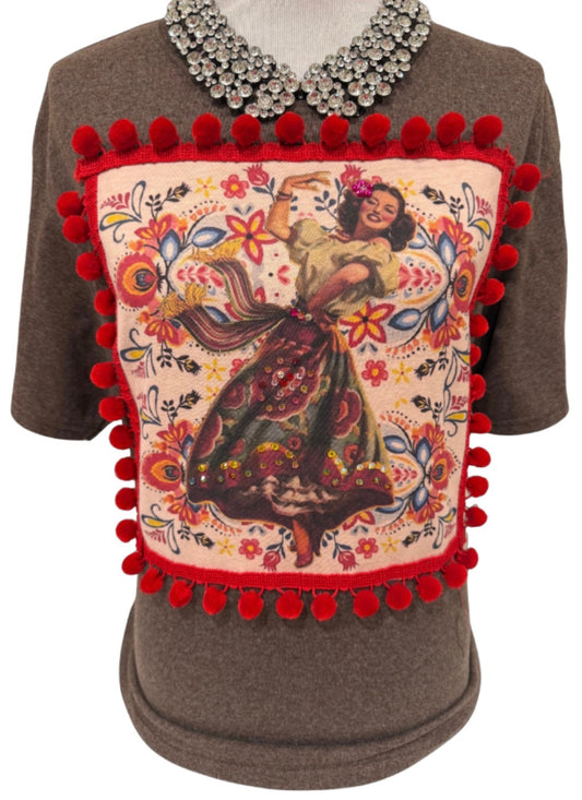 Extra Blingy Pom Pom Fiesta Dancer Patch on Brown Crew