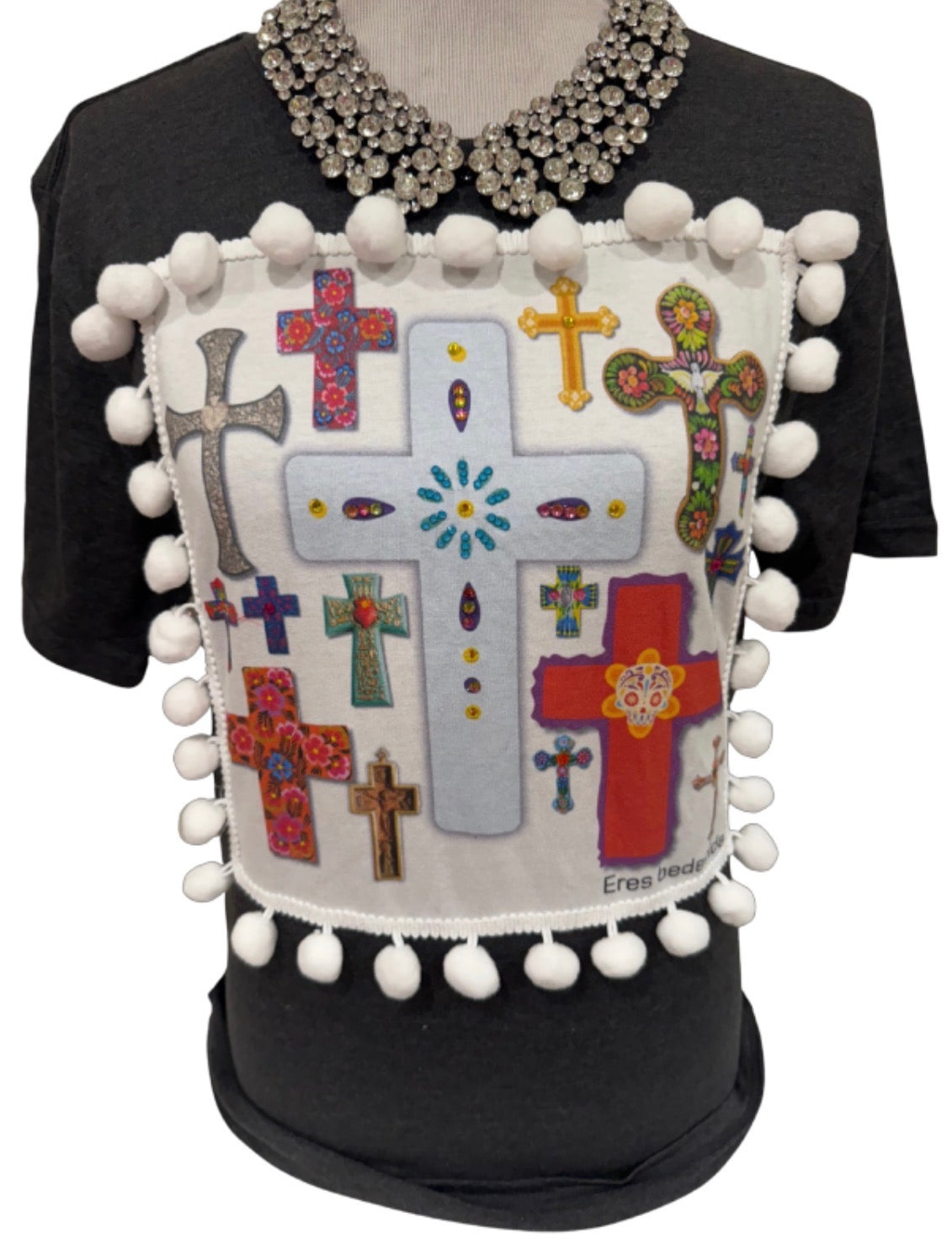 Extra Blingy Pom Pom Multi Cross Patch on Black Crew