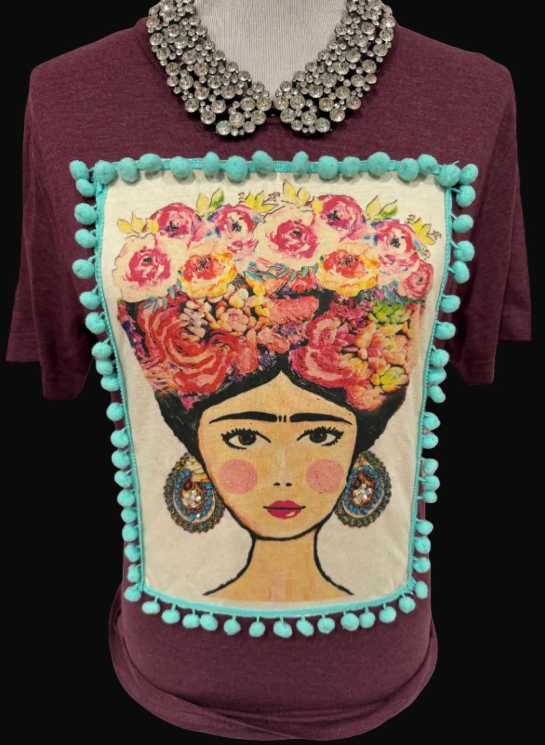 Extra Blingy Pom Pom Frida Patch on Maroon Crew