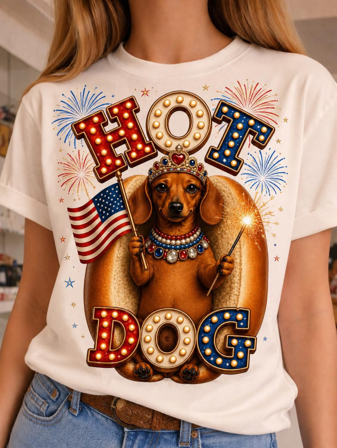 Hot Dog on White Crew Tee