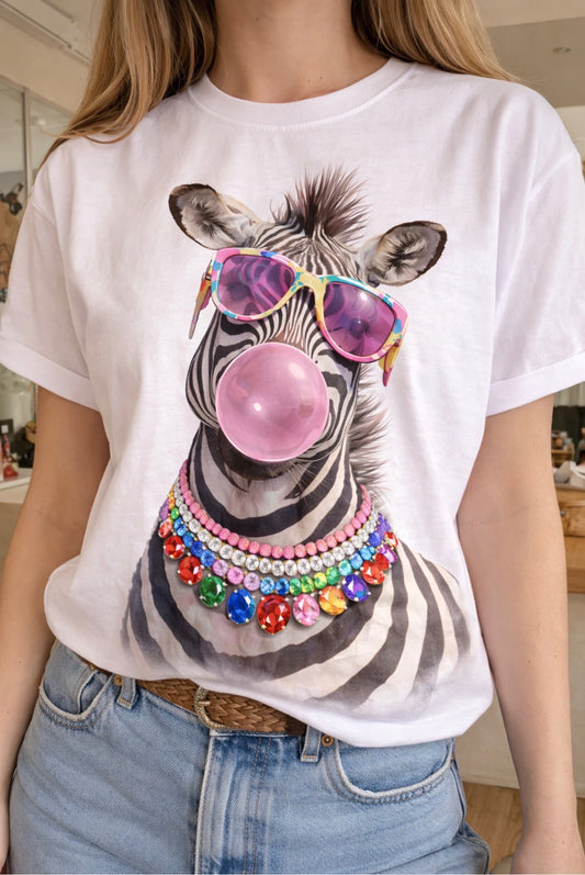 Jeweled Collar Funky Zebra on White Crew