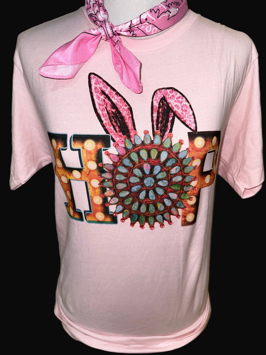 Turquoise Hop on Light Pink Crew