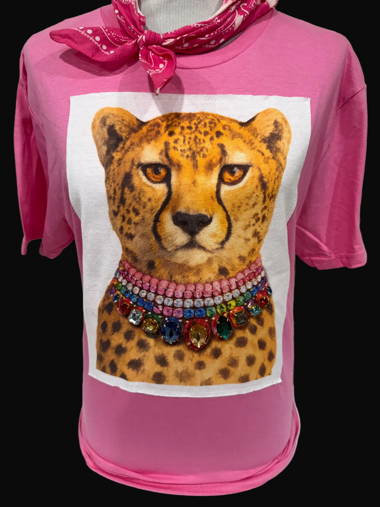 Jeweled Collar Leopard on Patched Pink, Royal and Black Tee
