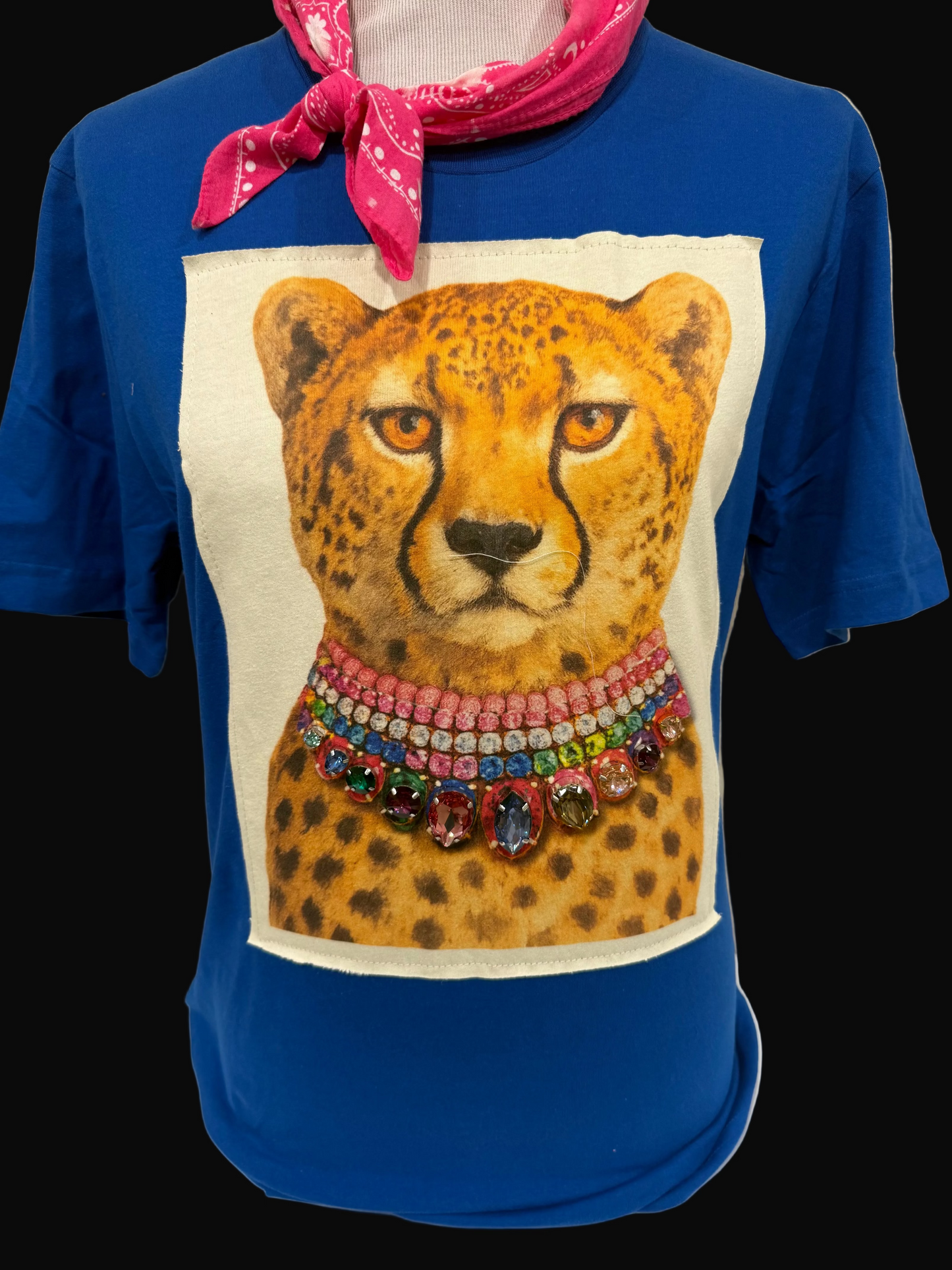 Jeweled Collar Leopard on Patched Pink, Royal and Black Tee
