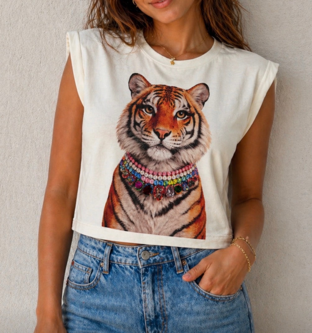 Blingy Tiger on White Muscle Tee
